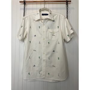 Ralph Lauren White Classic Fit Oxford Dress Shirt Aloha Shark Boat Size L
